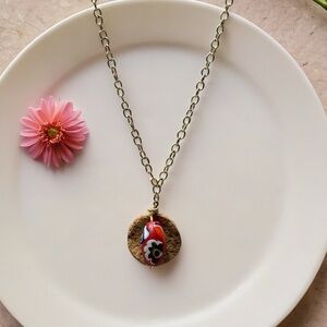 Boho Red Floral Glass Bead Pendant Necklace